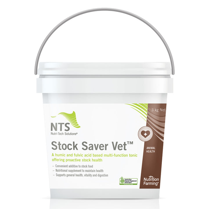 A photograph of NTS Stock Saver Vet animal tonic in a 3 kg bucket on white background