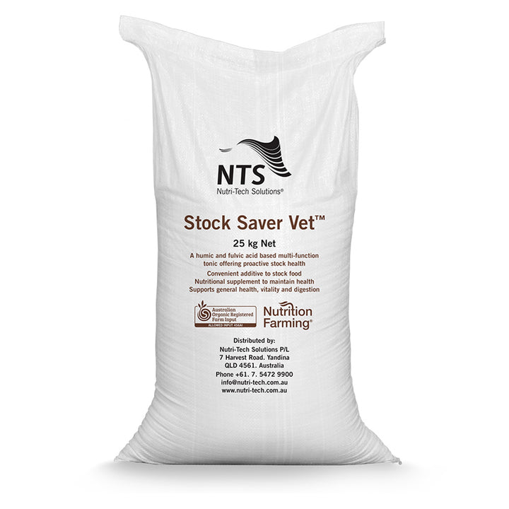 A photograph of NTS Stock Saver Vet animal tonic in a 25 kg sack on white background