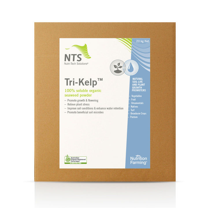 A photograph of NTS Tri-Kelp liquid soil-life and plant growth promoter fertiliser in a 20 kg container on white background