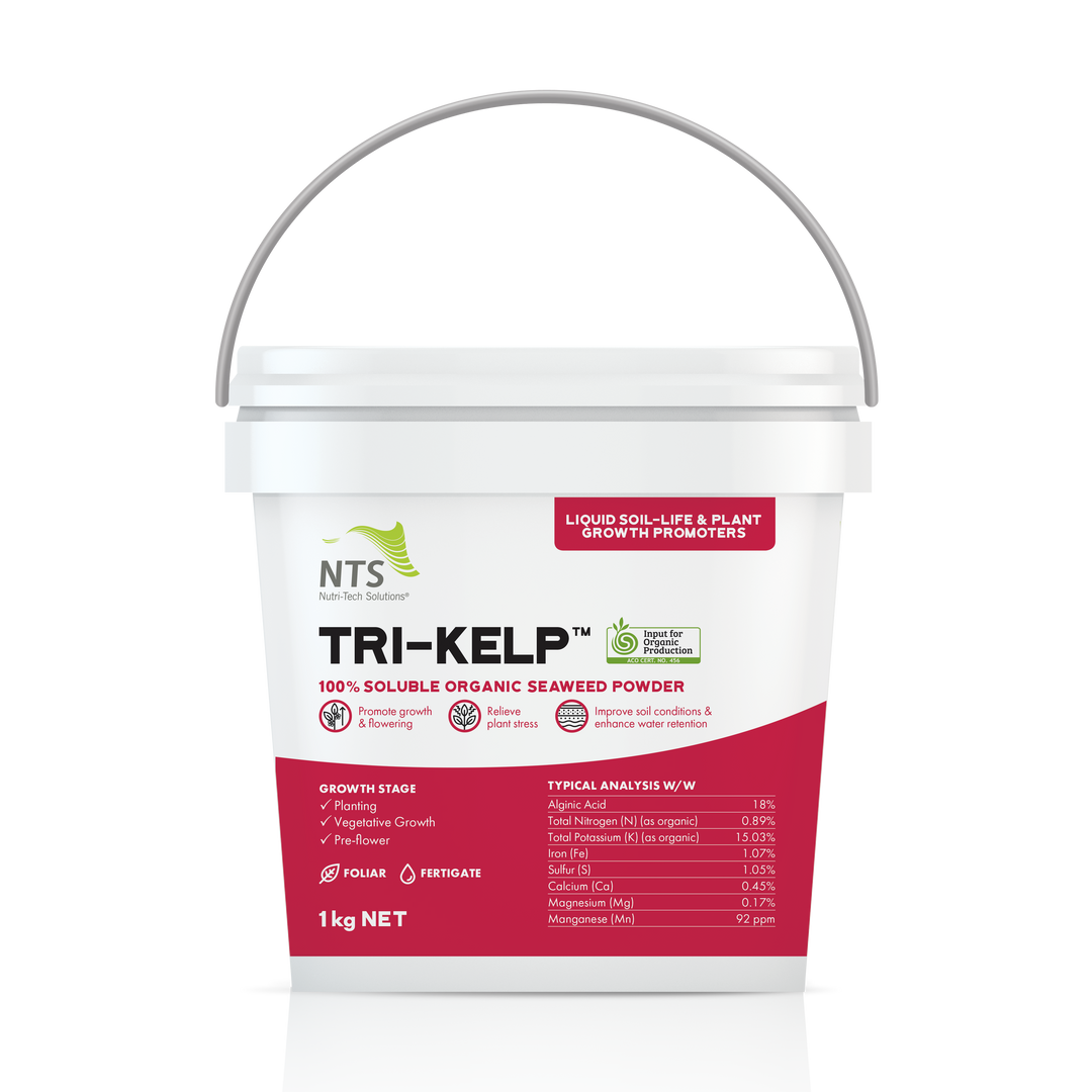 A photograph of NTS Tri-Kelp liquid soil-life and plant growth promoter fertiliser in a 1 kg container on transparent background
