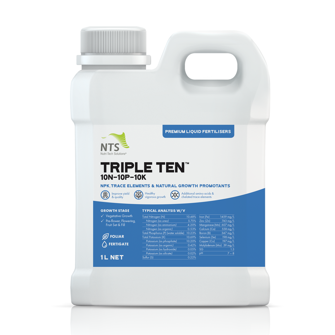 A photograph of NTS Triple Ten premium liquid fertiliser in a 1 L container on transparent background