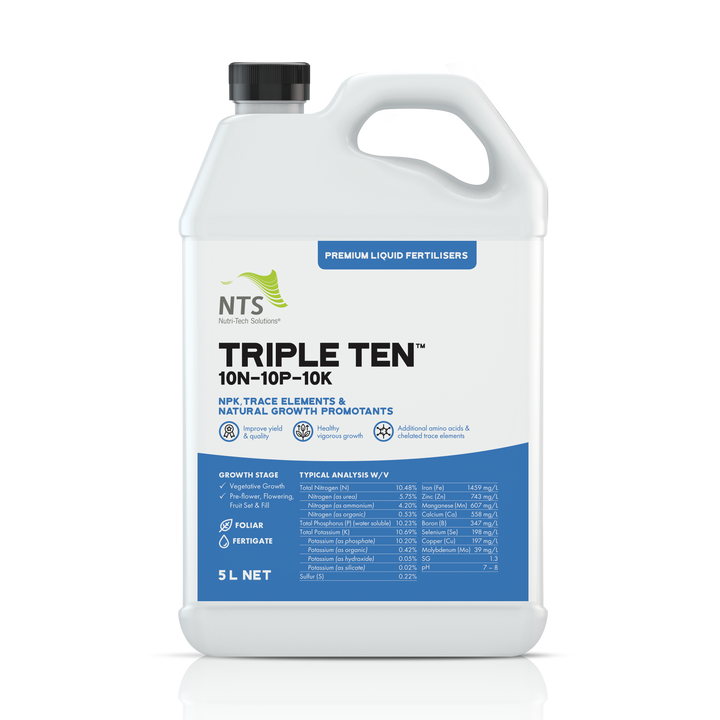 A photograph of NTS Triple Ten premium liquid fertiliser in a 5 L container on transparent background