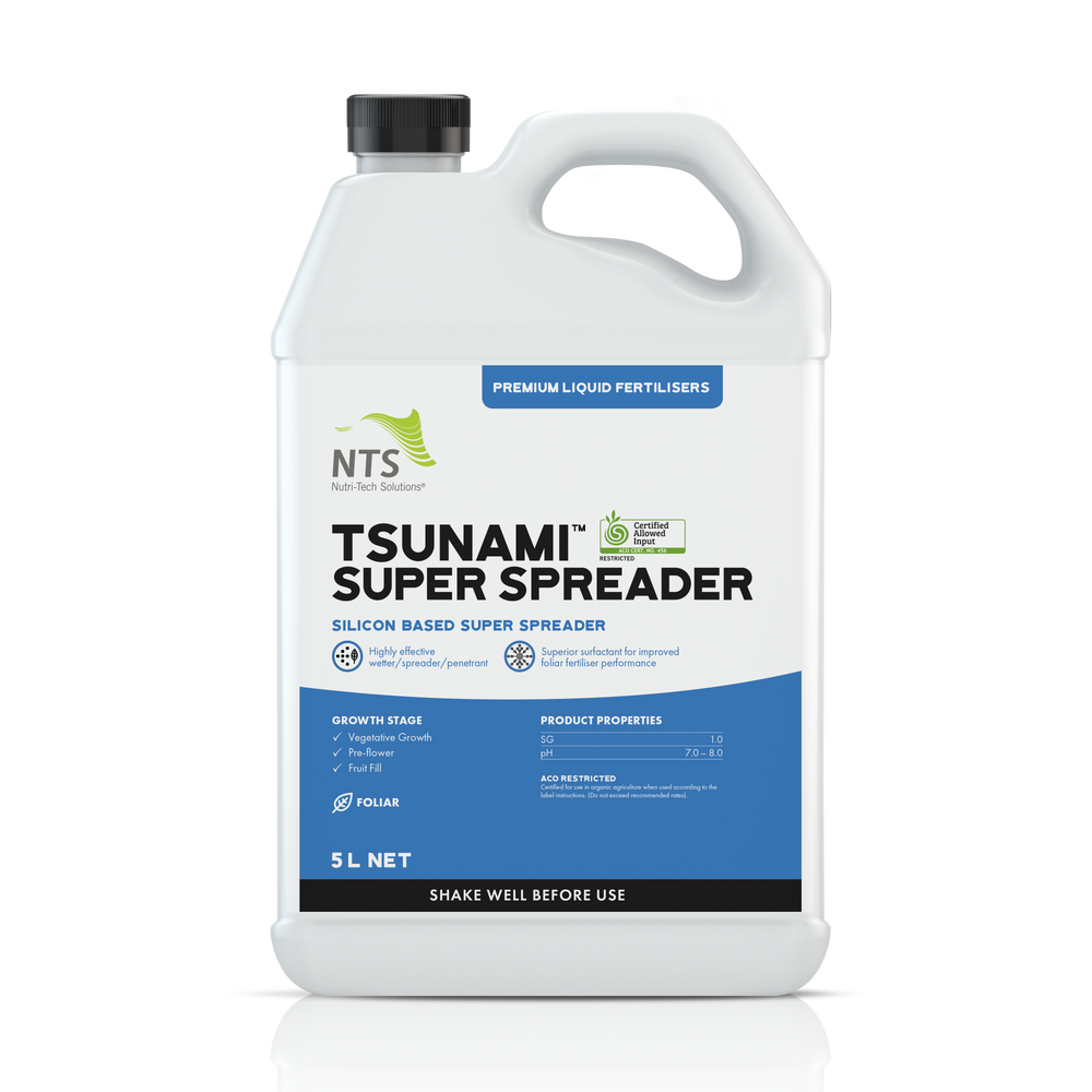 A photograph of NTS Tsunami Super Spreader premium liquid fertiliser in a 5 L container on transparent background