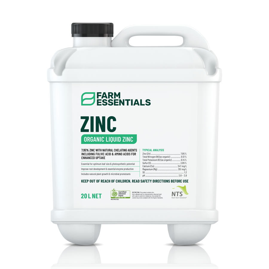 A photograph of NTS Zinc Essentials organic liquid zinc fertiliser in a 20 L container on transparent background