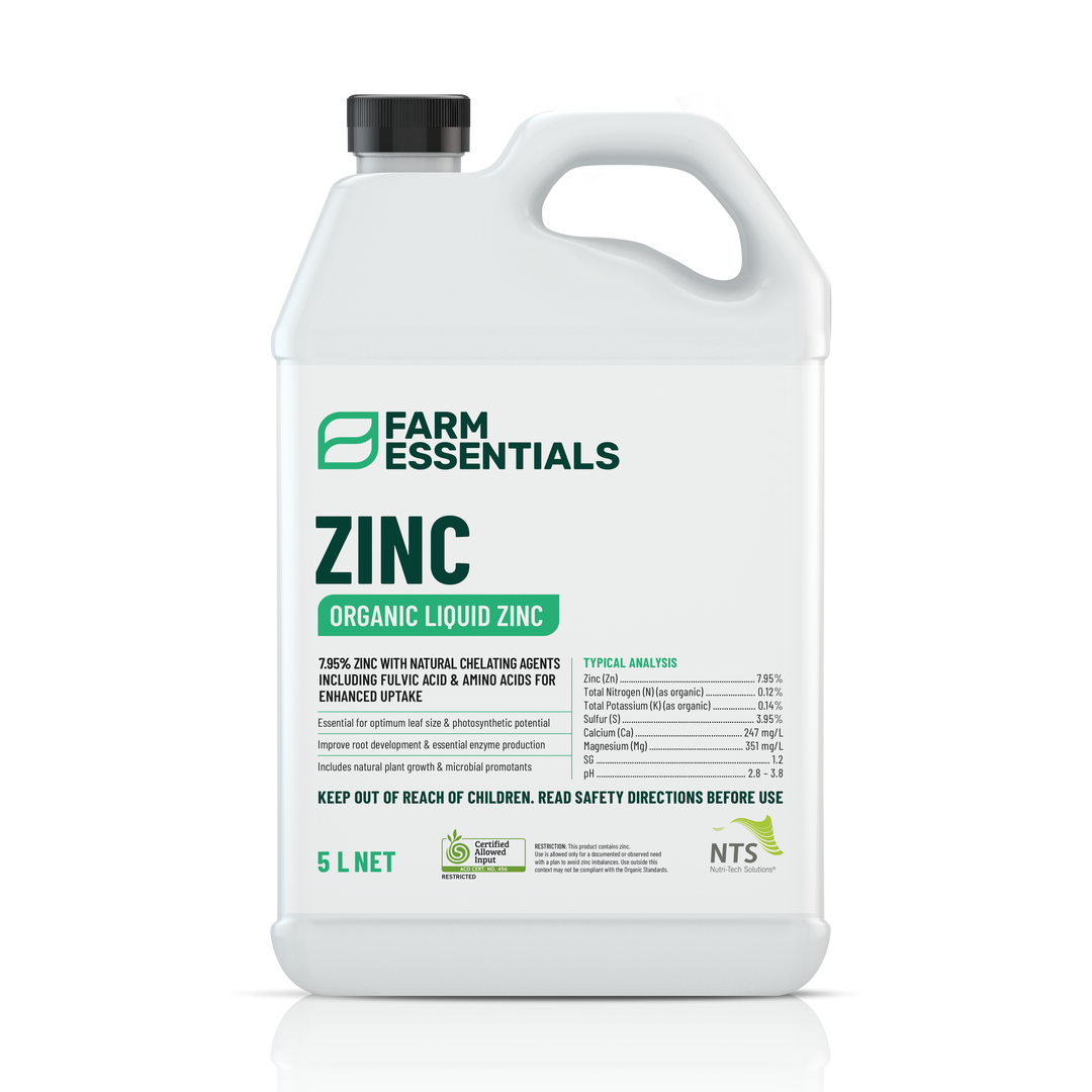 A photograph of NTS Zinc Essentials organic liquid zinc fertiliser in a 5 L container on transparent background