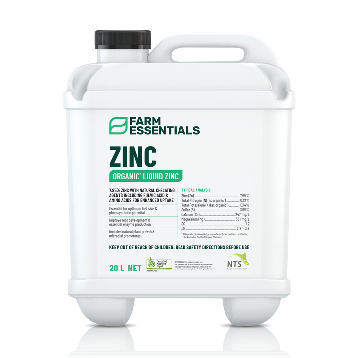 A photograph of NTS Zinc Essentials organic liquid zinc fertiliser in a 20 L container on transparent background