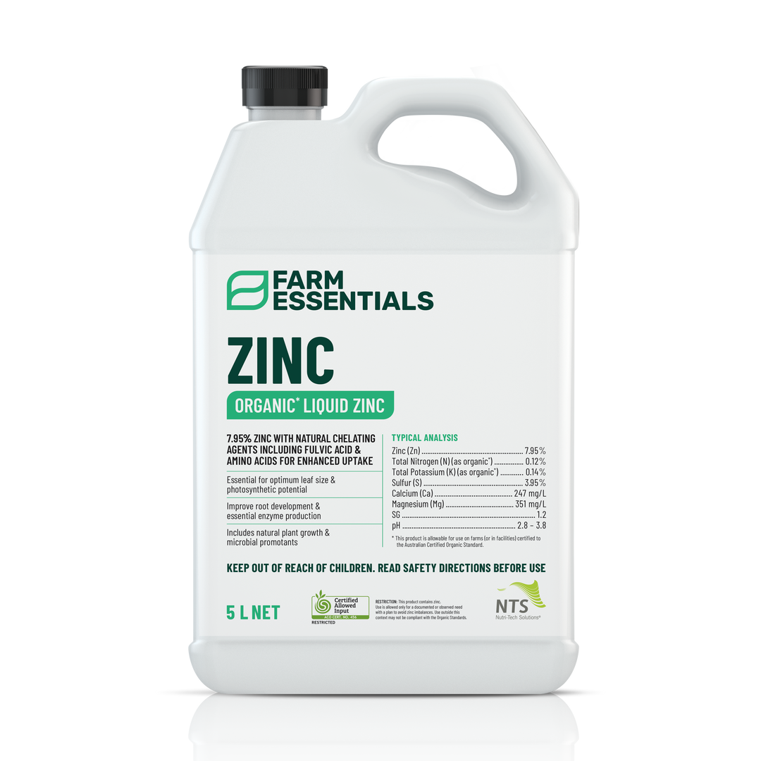 A photograph of NTS Zinc Essentials organic liquid zinc fertiliser in a 5 L container on transparent background